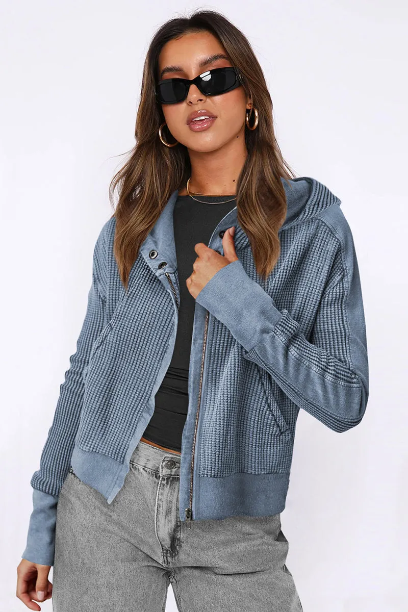 Waffle Knit Zipper Button Hoodie With Pocket