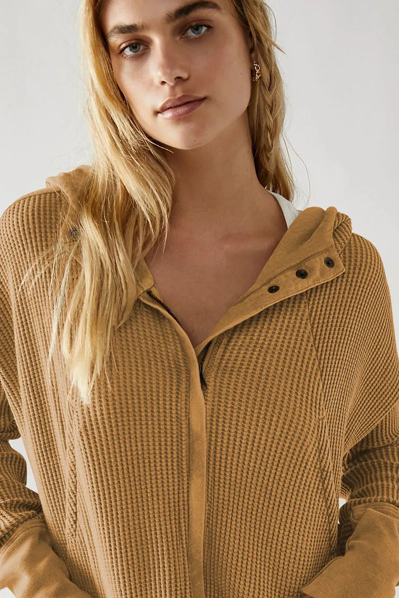 Waffle Knit Zipper Button Hoodie With Pocket