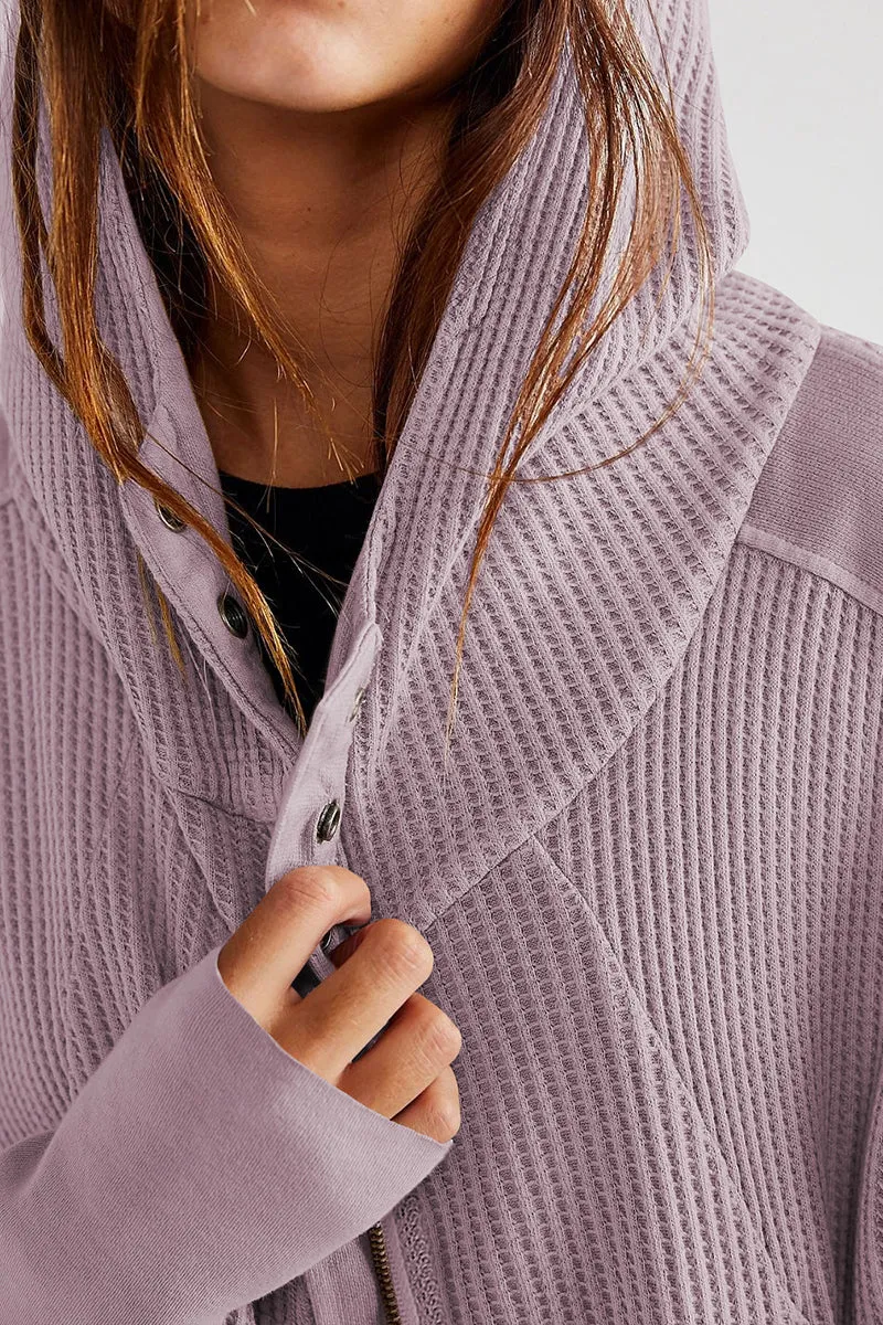 Waffle Knit Zipper Button Hoodie With Pocket