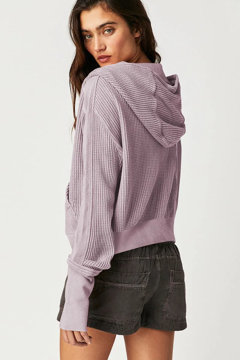 Waffle Knit Zipper Button Hoodie With Pocket