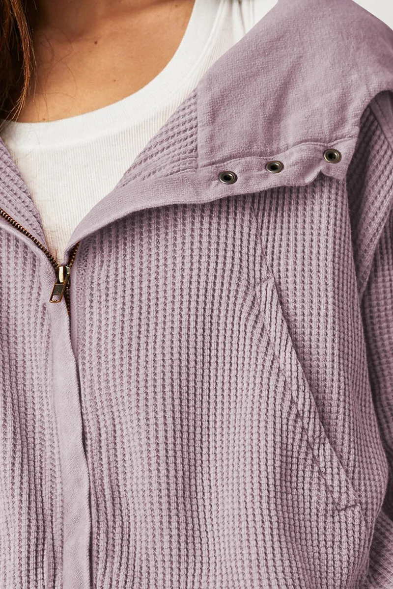 Waffle Knit Zipper Button Hoodie With Pocket