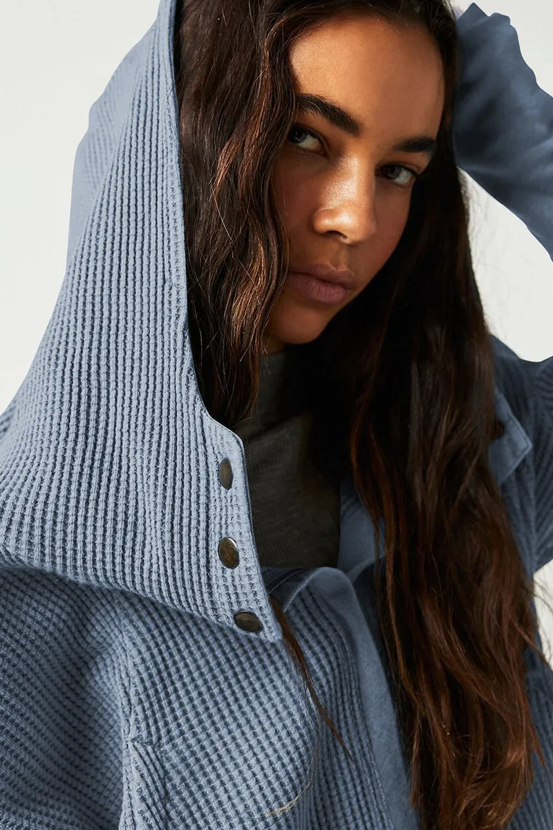 Waffle Knit Zipper Button Hoodie With Pocket