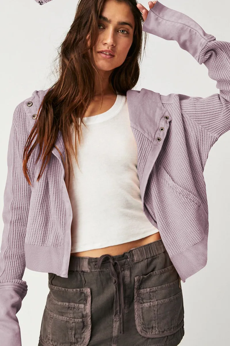 Waffle Knit Zipper Button Hoodie With Pocket