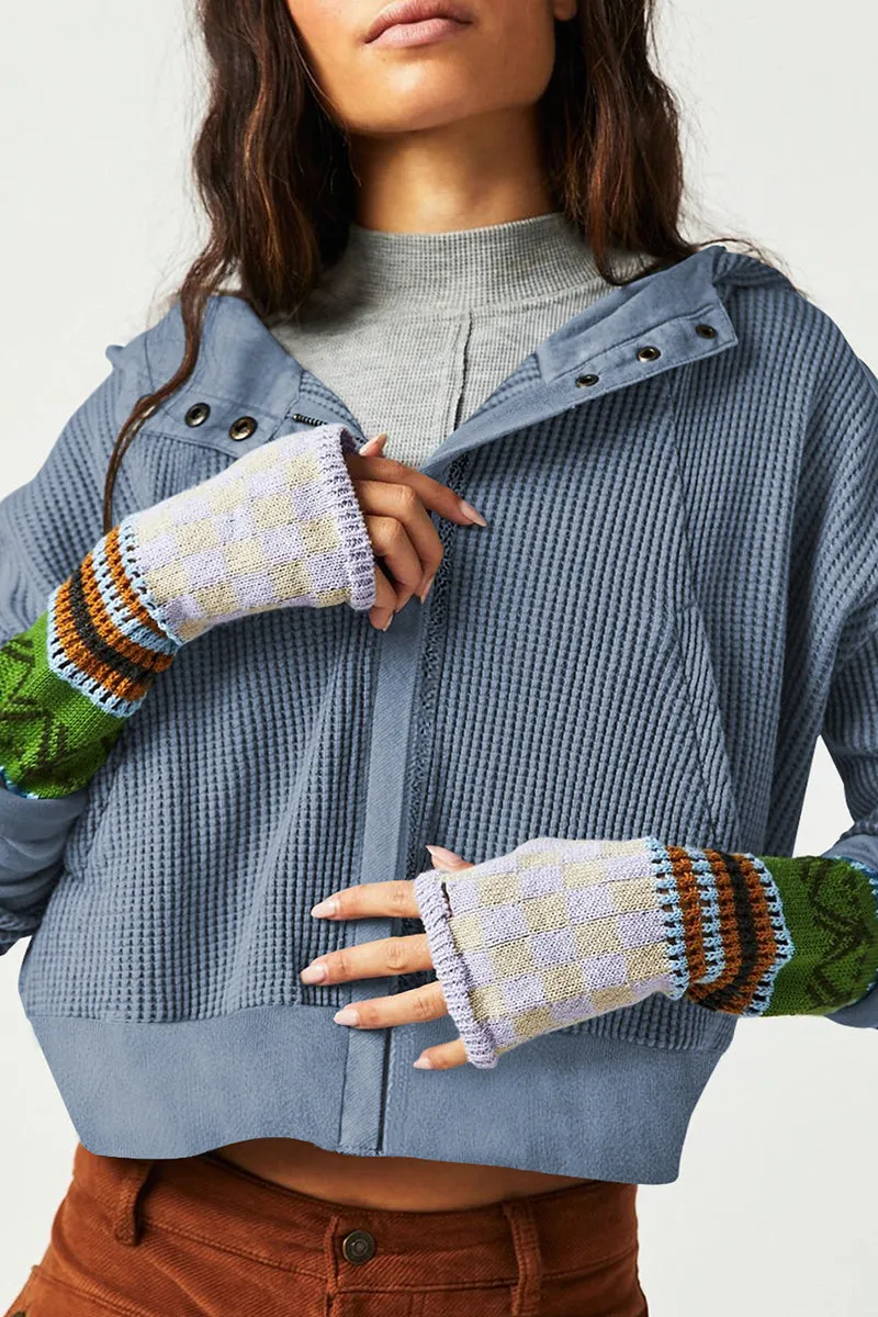 Waffle Knit Zipper Button Hoodie With Pocket