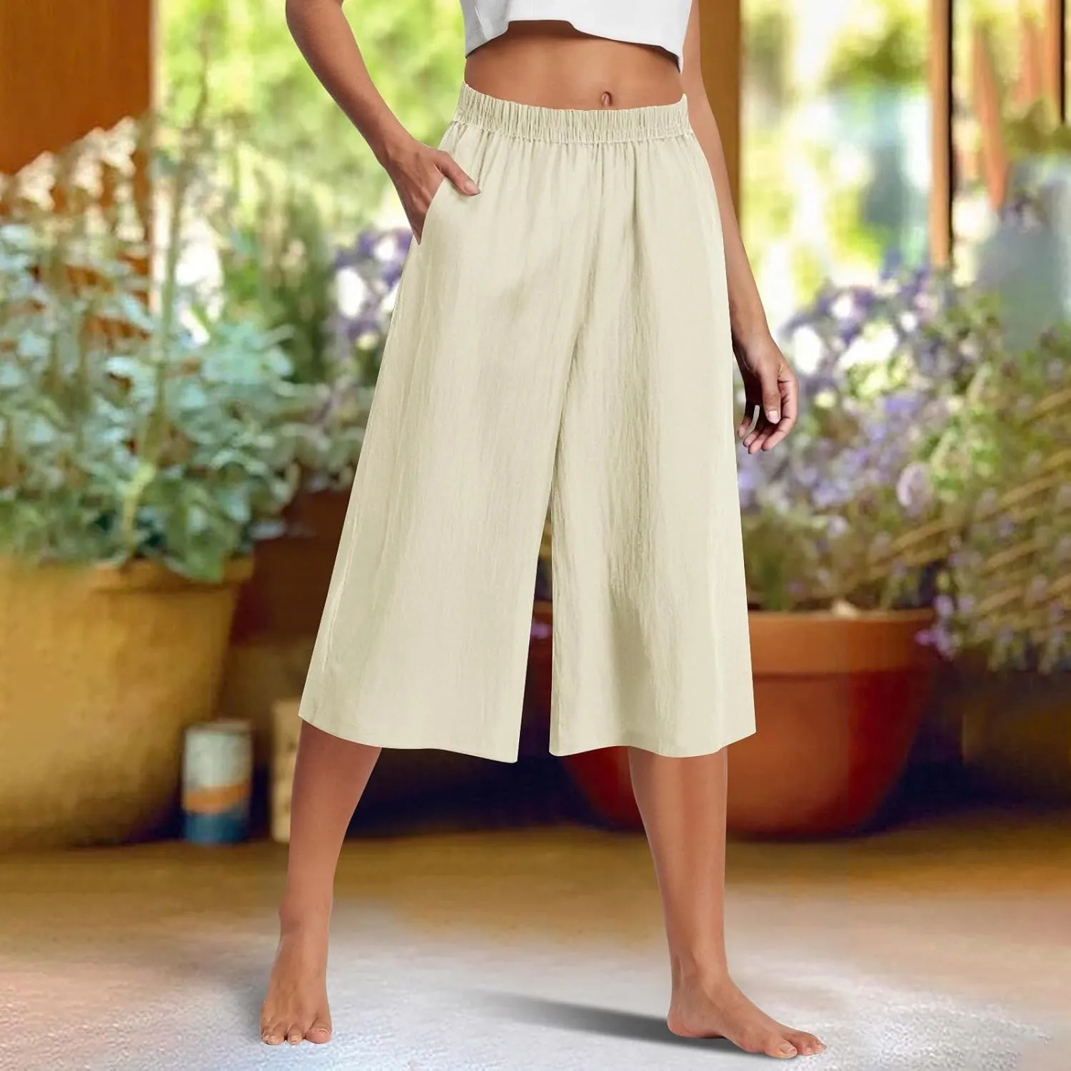 Wide Leg Linen Pants for Women Plus Size Summer Dressy Casual Capri Pants Summer Baggy Beach Cropped Trousers 2025