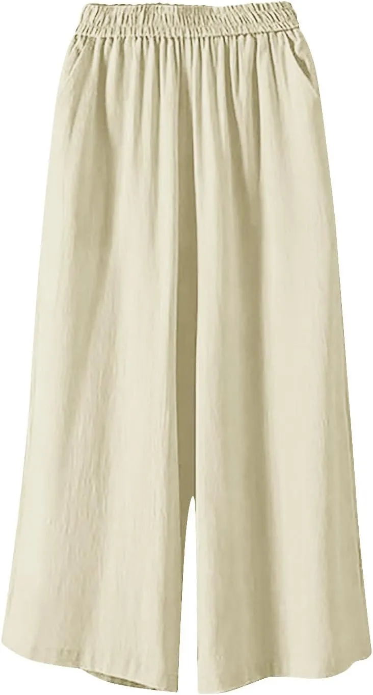 Wide Leg Linen Pants for Women Plus Size Summer Dressy Casual Capri Pants Summer Baggy Beach Cropped Trousers 2025