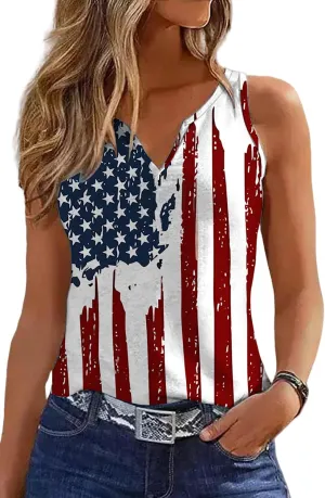 Women 4th of July V-Neck Tank Tops American Flag Print Vest USA Flag Sleeveless Tee Patriotic Summer Shirts