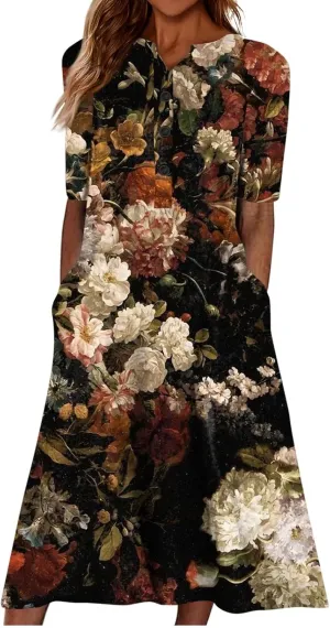 Women Casual Summer Stripe Button V Neck Sleeveless Pocket Long Dress Holiday Dress Floral Beach Party Sundress Midi Dress