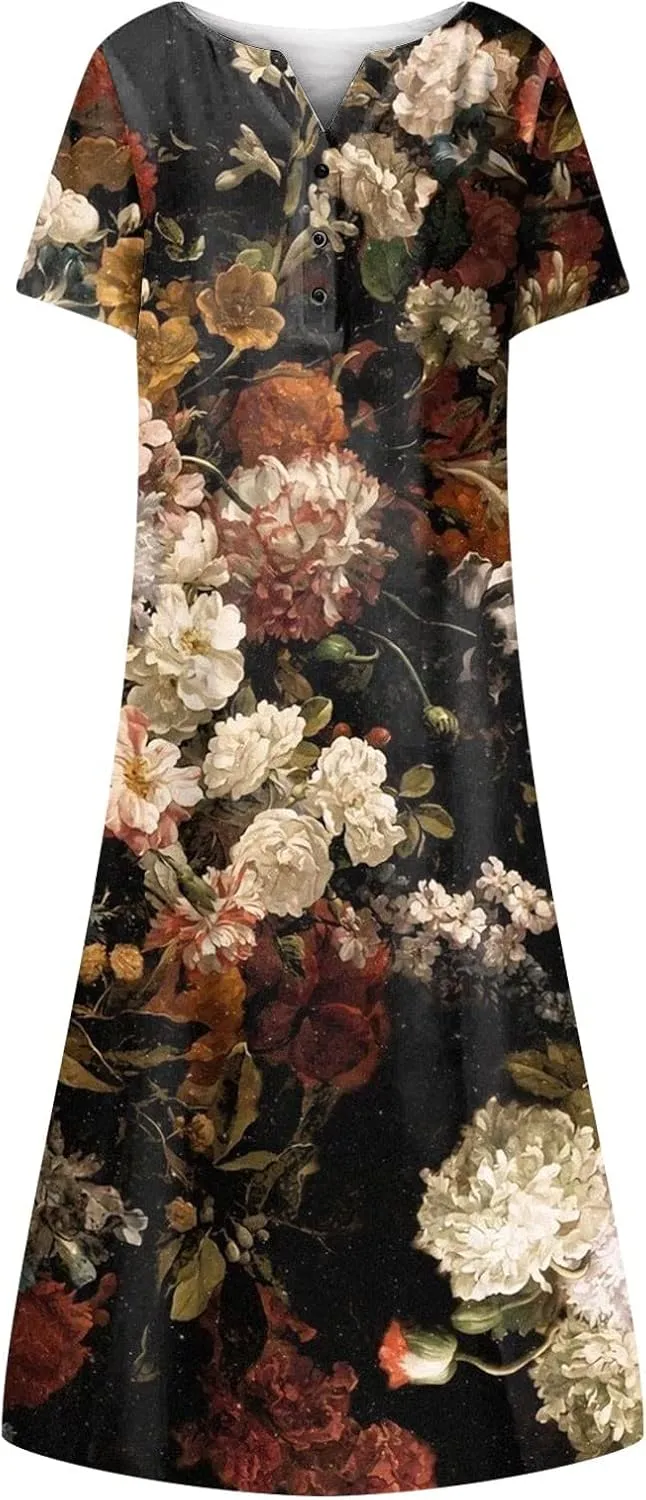 Women Casual Summer Stripe Button V Neck Sleeveless Pocket Long Dress Holiday Dress Floral Beach Party Sundress Midi Dress