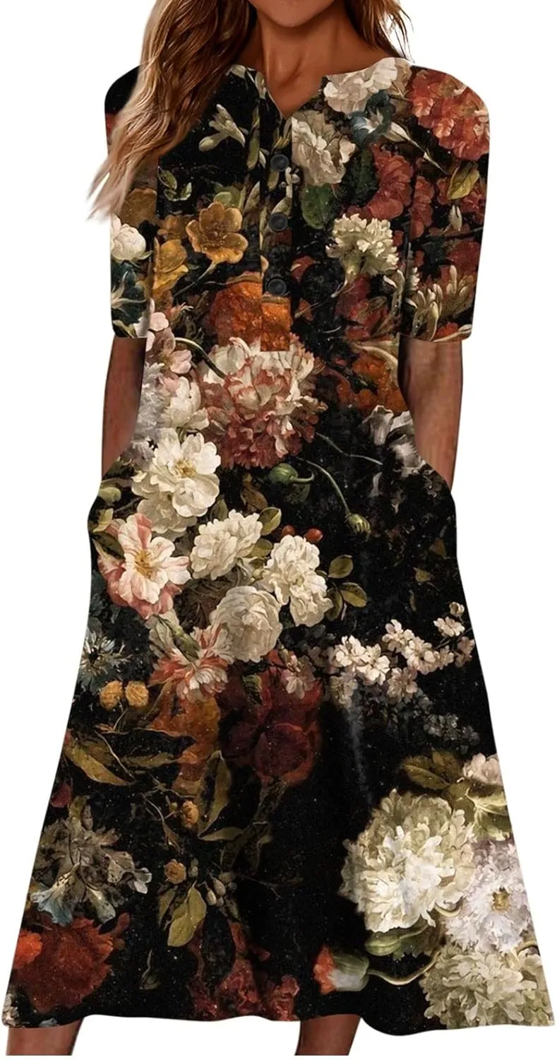 Women Casual Summer Stripe Button V Neck Sleeveless Pocket Long Dress Holiday Dress Floral Beach Party Sundress Midi Dress