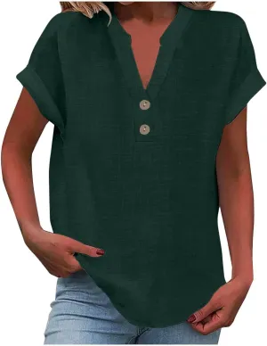 Women Linen Shirts V Neck Buttons Blouse Floral Boho Lightweight Tee Tops Short Sleeve Loose Tunic Top