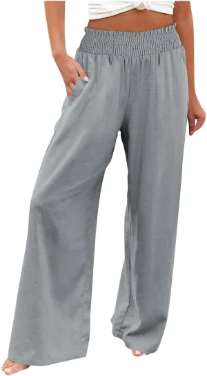 Women Linen Summer Breathable Palazzo Pants Low Waist Bootcut Slim-Fit Pants Business Work