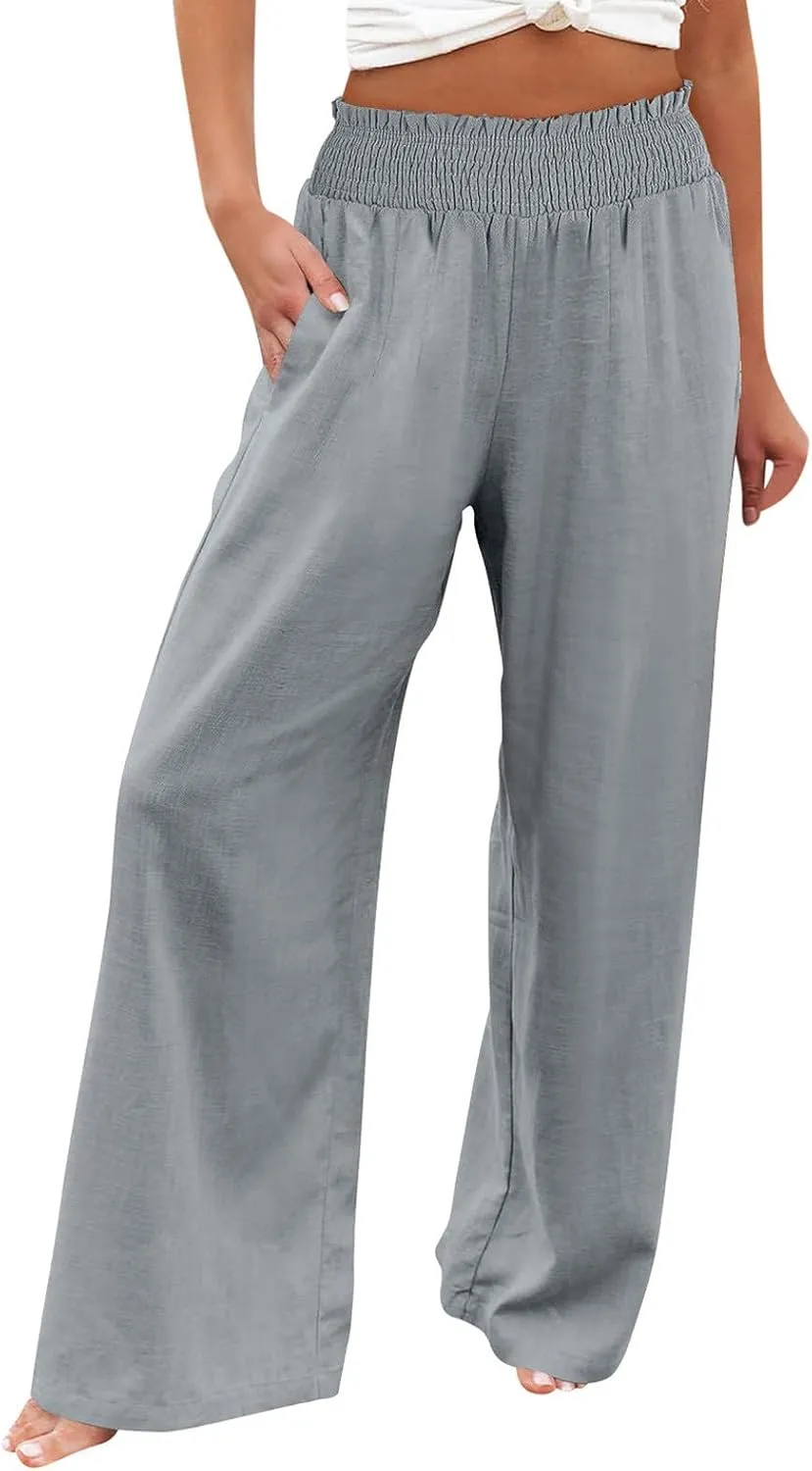 Women Linen Summer Breathable Palazzo Pants Low Waist Bootcut Slim-Fit Pants Business Work