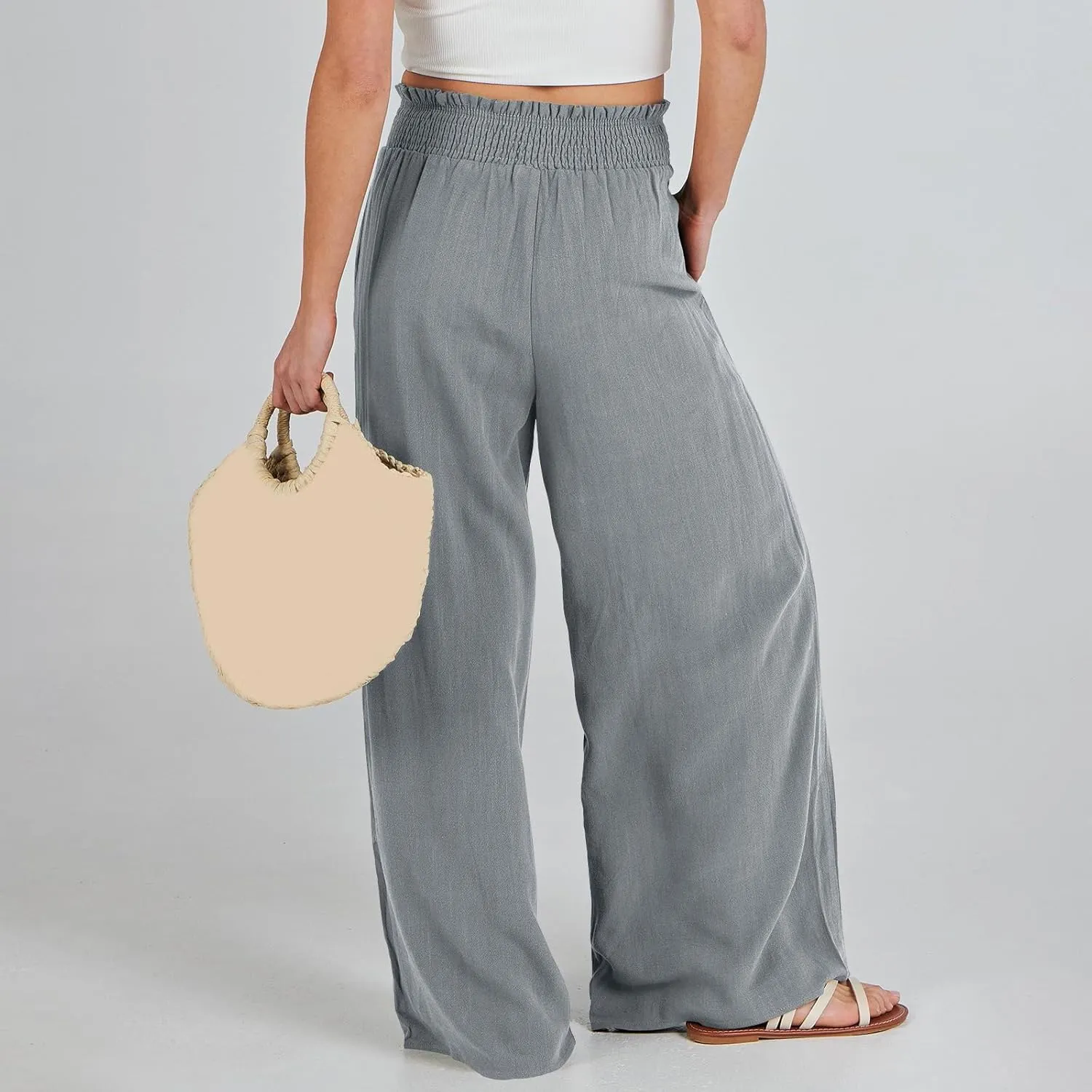 Women Linen Summer Breathable Palazzo Pants Low Waist Bootcut Slim-Fit Pants Business Work