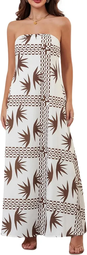 Women Strapless Tube Maxi Dress Y2k Sexy A Line Floral Long Dress Summer Beach Sundress Boho Dress