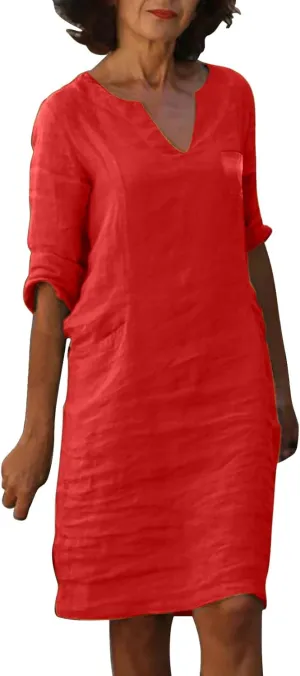 Women Summer Midi Shirt Dresses Lapel Casual Cotton Linen Dress V Neck Linen Dress Summer Half Sleeve Knee Length Shift Dress