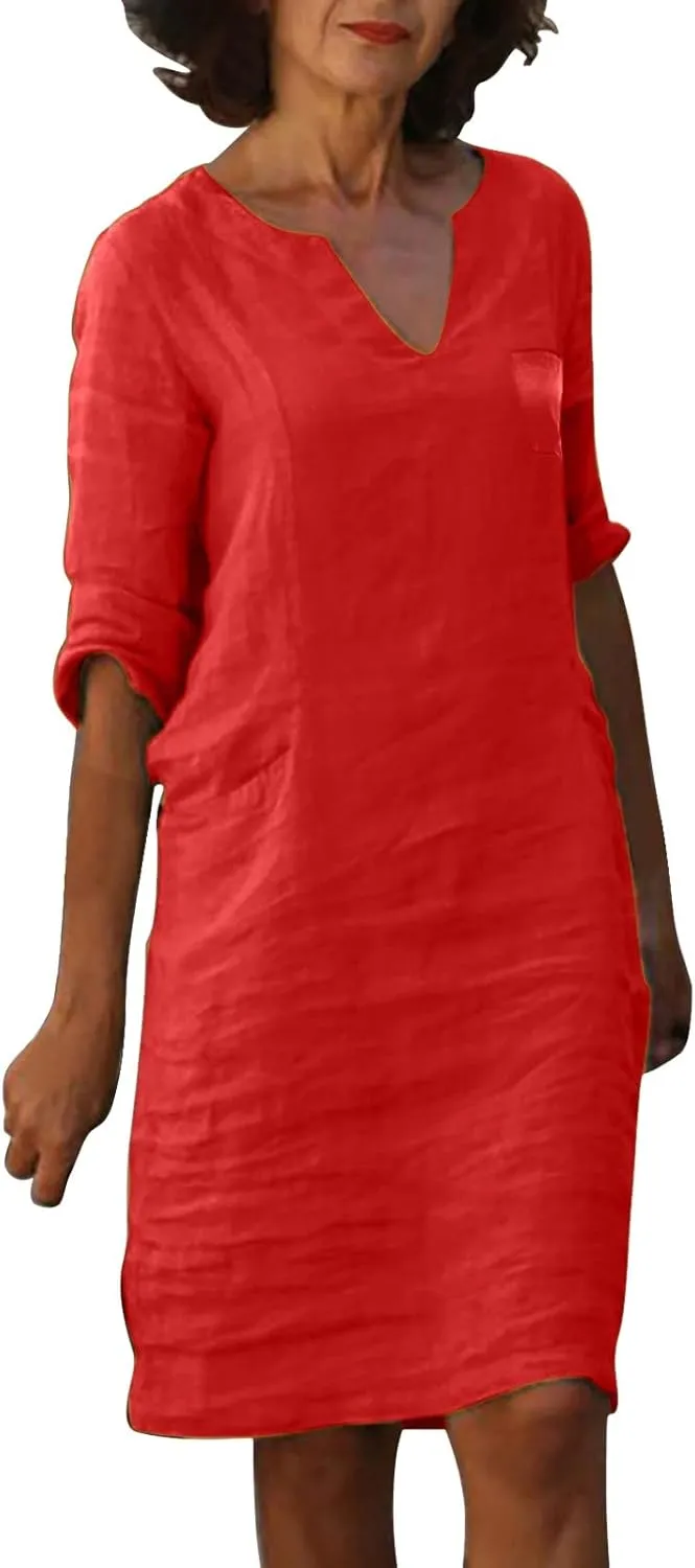 Women Summer Midi Shirt Dresses Lapel Casual Cotton Linen Dress V Neck Linen Dress Summer Half Sleeve Knee Length Shift Dress