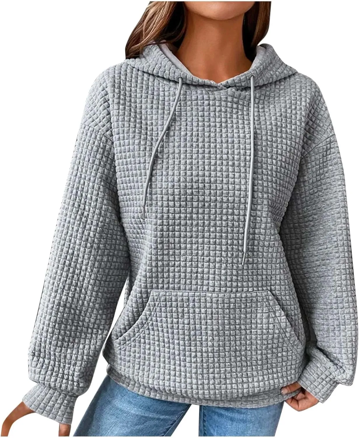Women Waffle Casual Hoodie Long Sleeves Fashion Drawstring Pullover Sweatshirts Loose Fit Tunic Winter Tops Comy Shirt