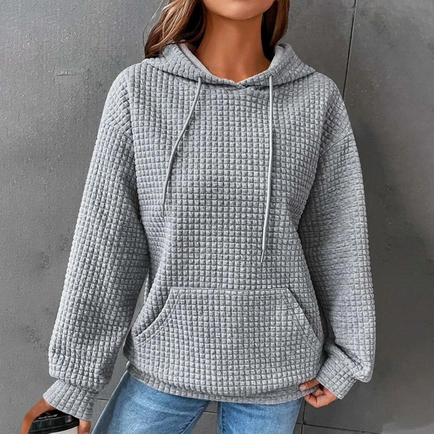 Women Waffle Casual Hoodie Long Sleeves Fashion Drawstring Pullover Sweatshirts Loose Fit Tunic Winter Tops Comy Shirt
