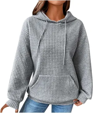Women Waffle Casual Hoodie Long Sleeves Fashion Drawstring Pullover Sweatshirts Loose Fit Tunic Winter Tops Comy Shirt