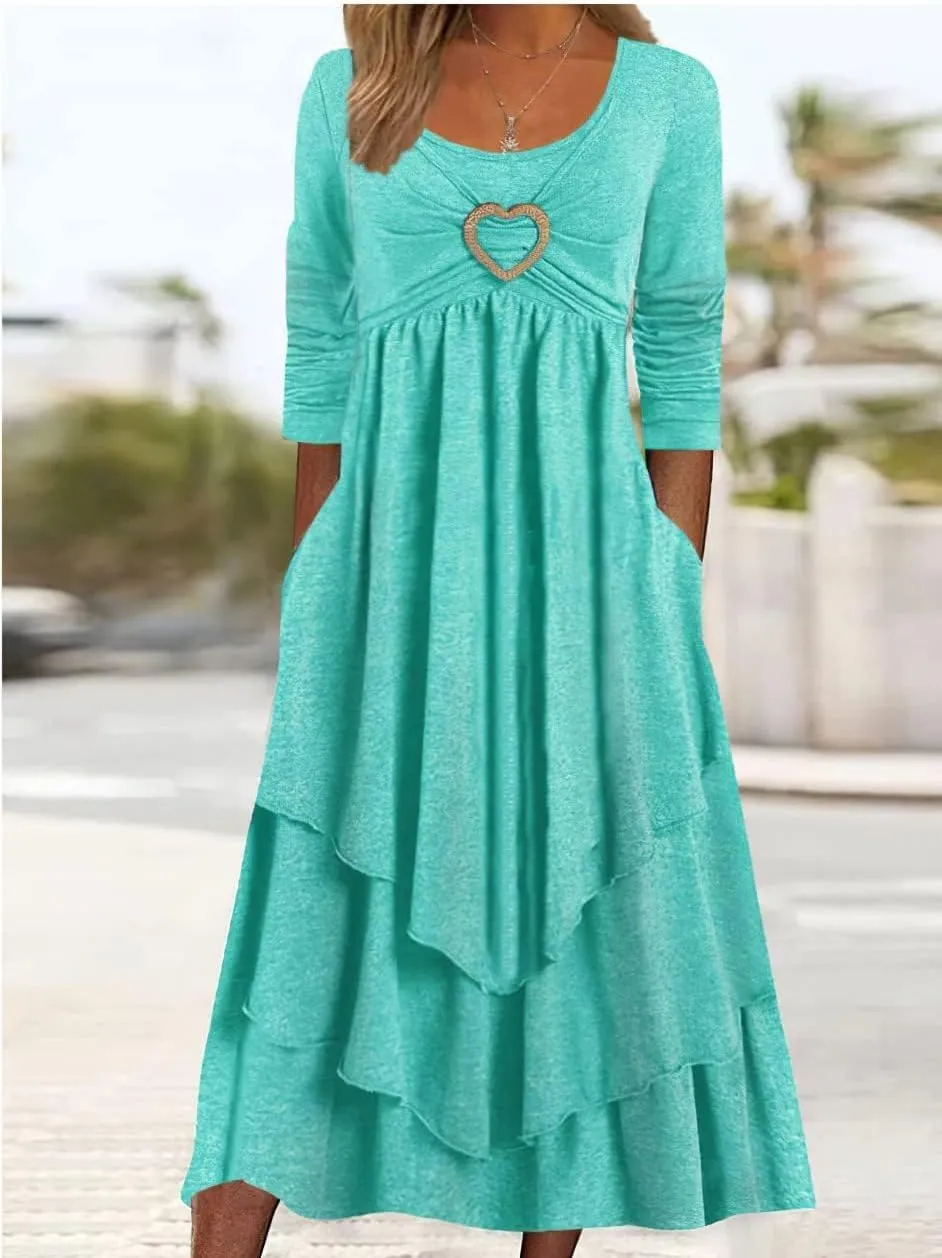 Womens 2024 Fall Dresses for Wedding Guest Casual Plus Size Cute Heart Long Sleeve Tiered Maxi Dress with Pockets