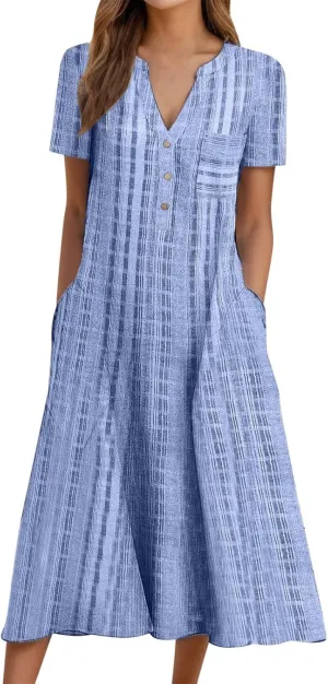 Women's 2025 Casual Summer Dresses Floral Boho Beach V-Neck Buttons Short Sleeve Pockets Loose Midi Dress for Women