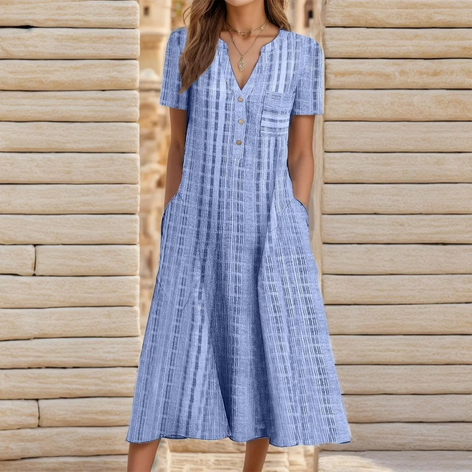 Women's 2025 Casual Summer Dresses Floral Boho Beach V-Neck Buttons Short Sleeve Pockets Loose Midi Dress for Women