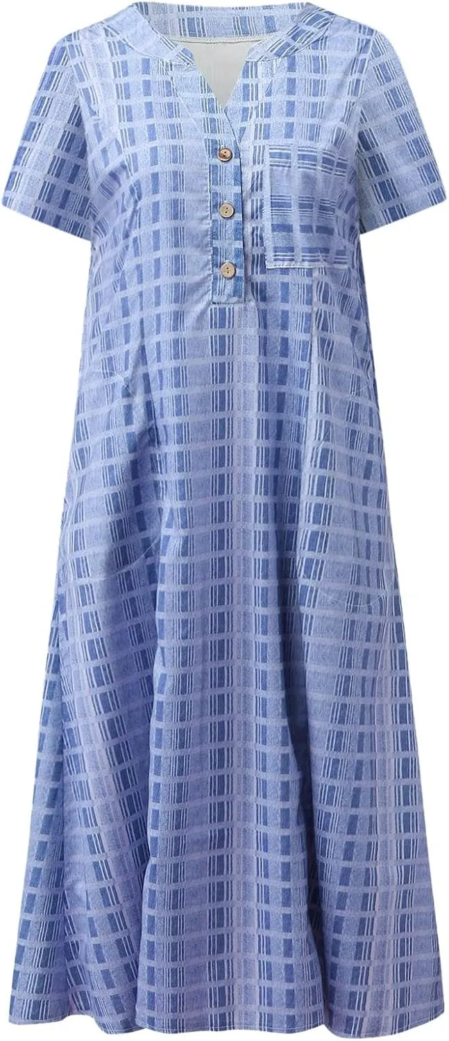 Women's 2025 Casual Summer Dresses Floral Boho Beach V-Neck Buttons Short Sleeve Pockets Loose Midi Dress for Women