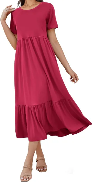 Women's 2025 Summer Short Sleeve Crew Neck Swing Dress Flowy Tiered Maxi Beach Sundress with Pockets