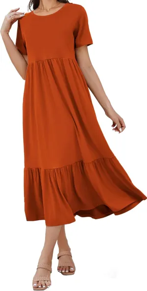 Women's 2025 Summer Short Sleeve Crew Neck Swing Dress Flowy Tiered Maxi Beach Sundress with Pockets