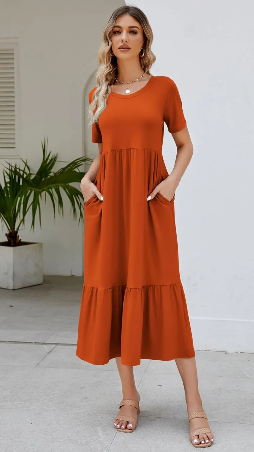 Women's 2025 Summer Short Sleeve Crew Neck Swing Dress Flowy Tiered Maxi Beach Sundress with Pockets