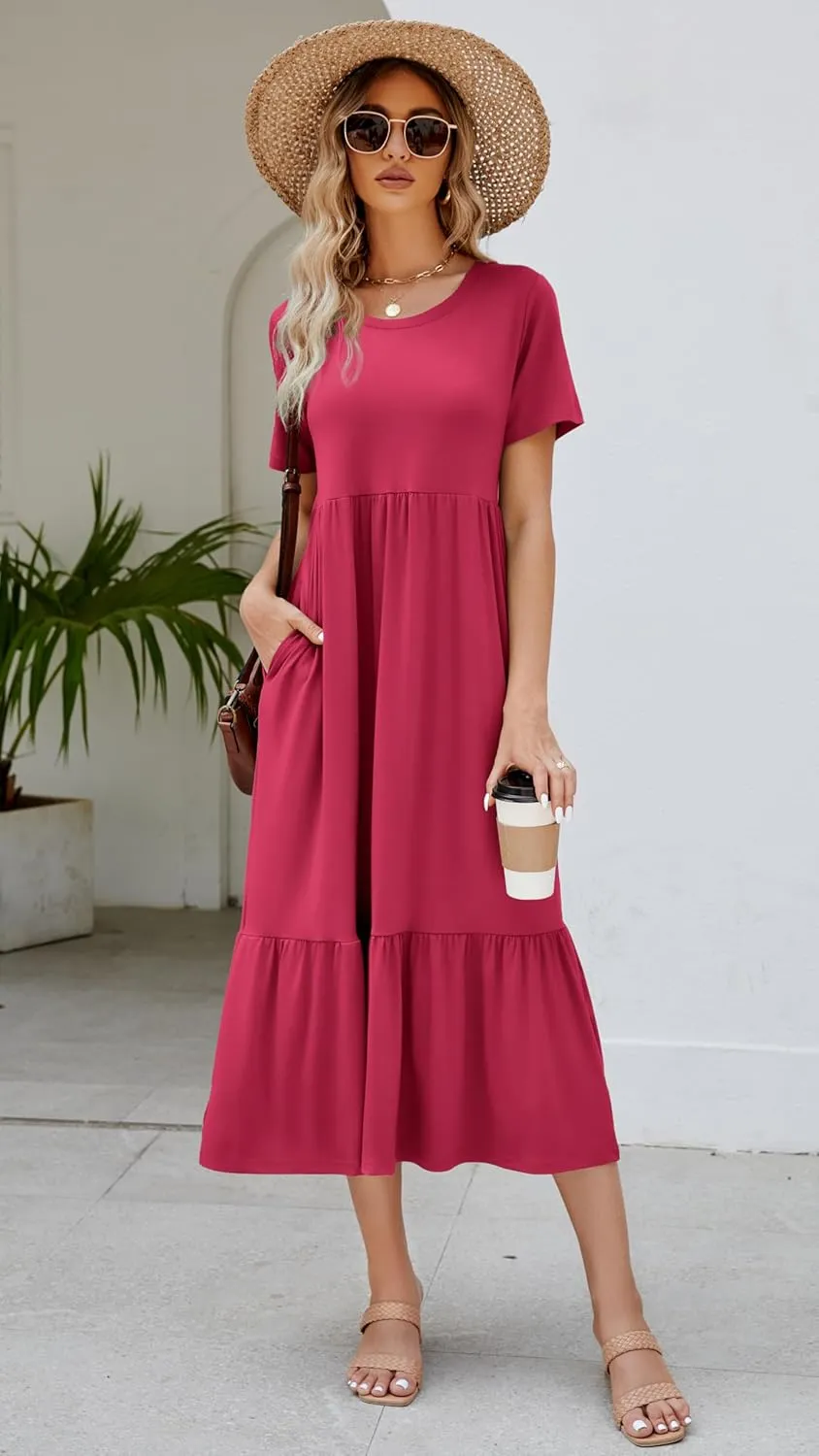 Women's 2025 Summer Short Sleeve Crew Neck Swing Dress Flowy Tiered Maxi Beach Sundress with Pockets