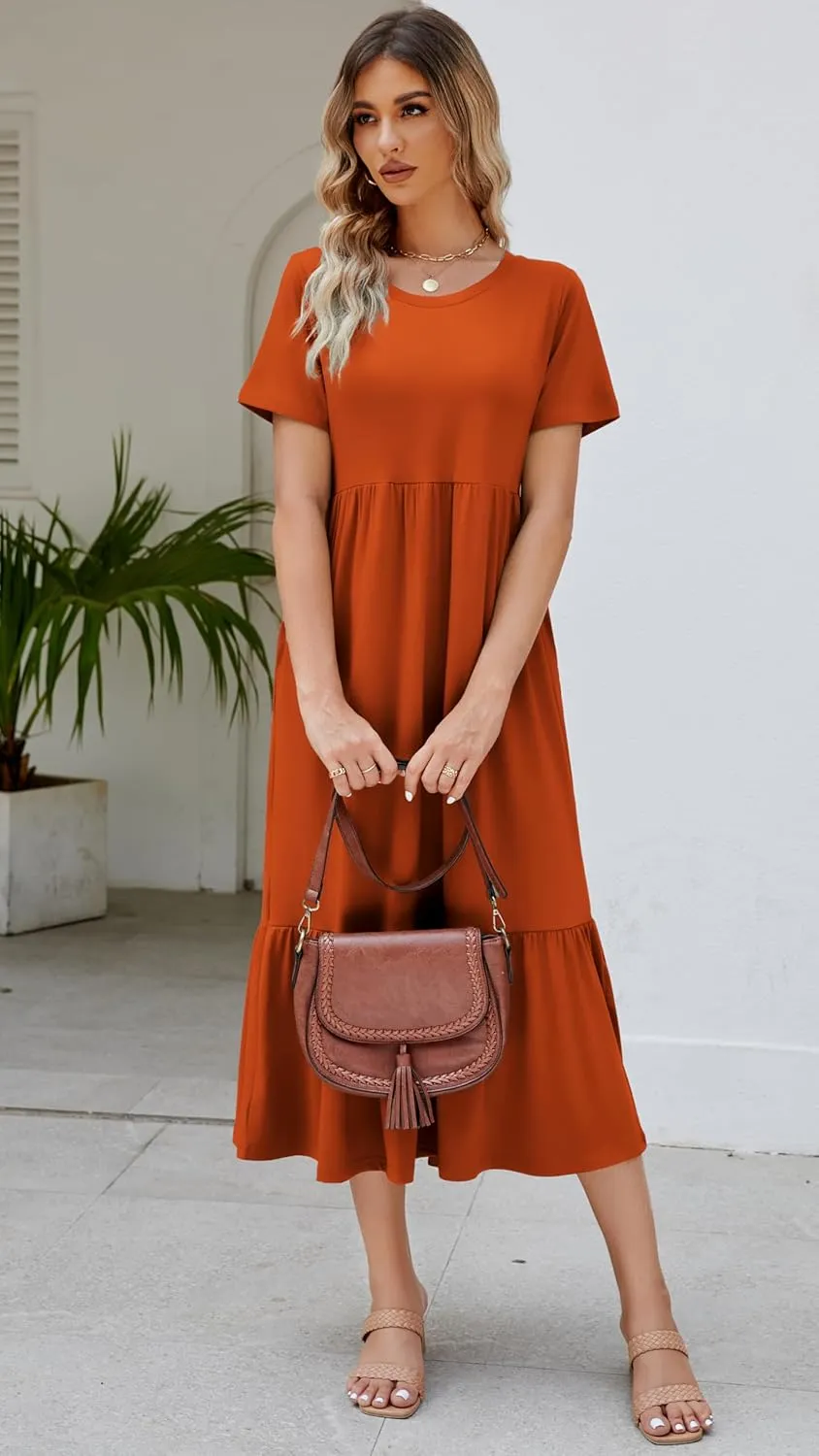 Women's 2025 Summer Short Sleeve Crew Neck Swing Dress Flowy Tiered Maxi Beach Sundress with Pockets