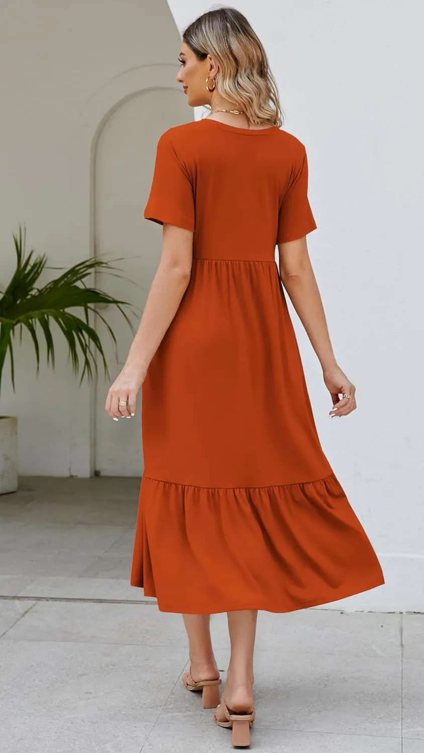 Women's 2025 Summer Short Sleeve Crew Neck Swing Dress Flowy Tiered Maxi Beach Sundress with Pockets