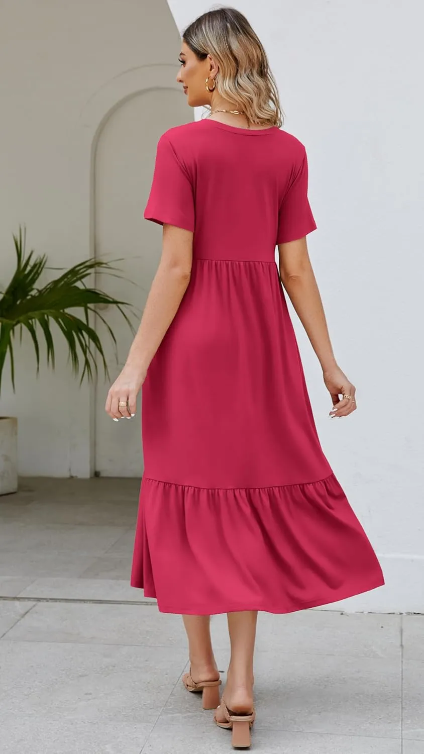 Women's 2025 Summer Short Sleeve Crew Neck Swing Dress Flowy Tiered Maxi Beach Sundress with Pockets
