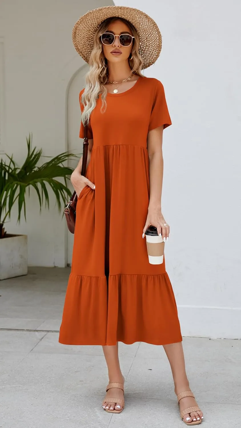 Women's 2025 Summer Short Sleeve Crew Neck Swing Dress Flowy Tiered Maxi Beach Sundress with Pockets