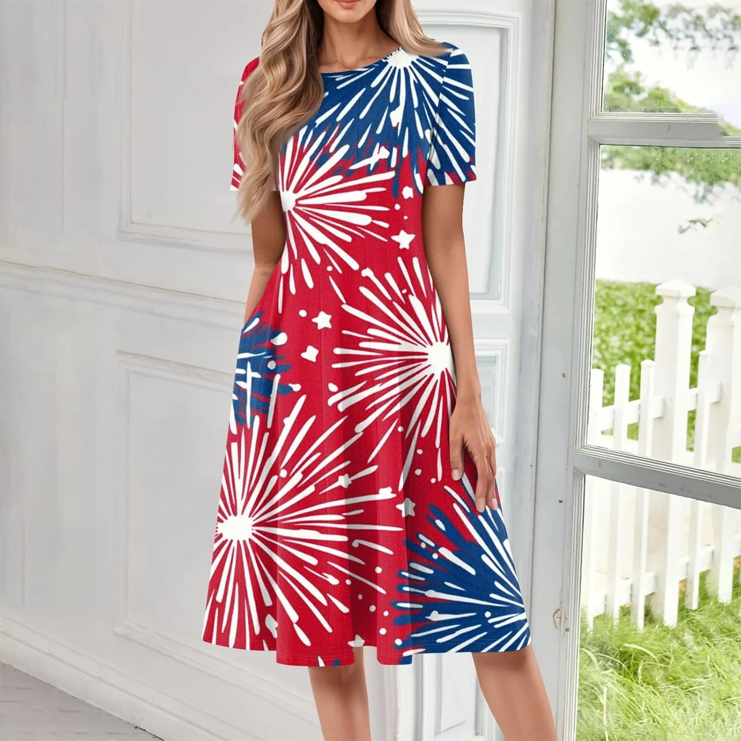 Women's American Flag Midi Dress 2025 4th of July USA Star Stripe Tee Dress Short Sleeve Crew Neck Ruched Dresses