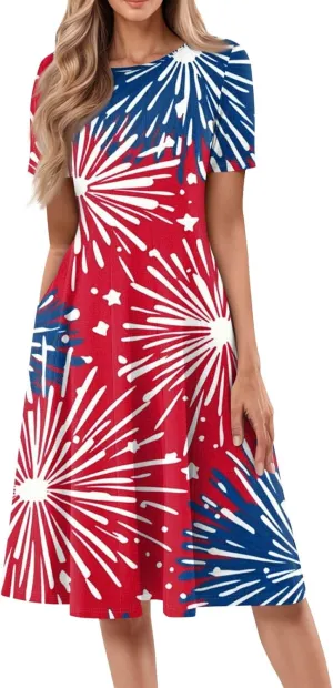 Women's American Flag Midi Dress 2025 4th of July USA Star Stripe Tee Dress Short Sleeve Crew Neck Ruched Dresses