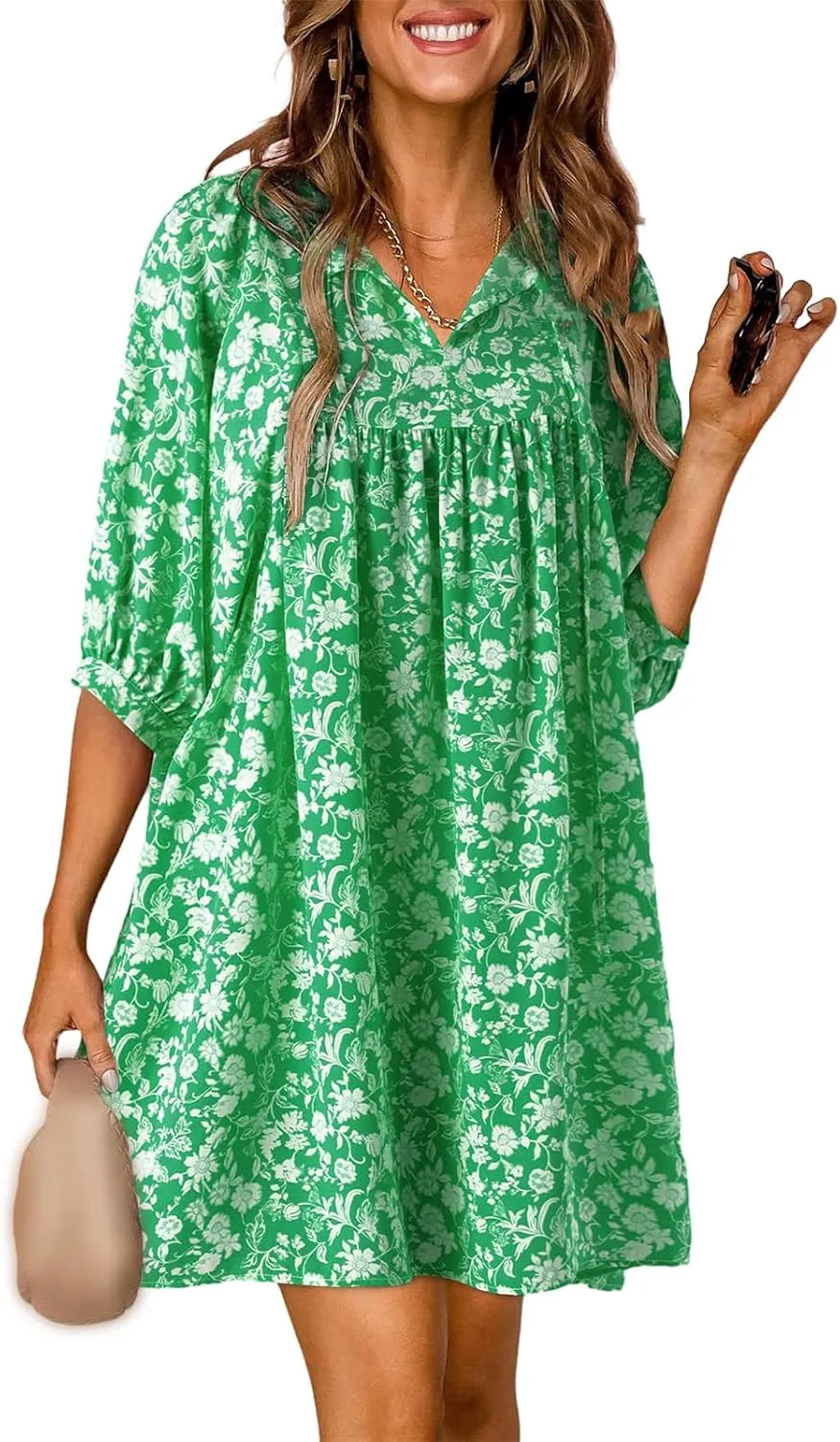 Womens Boho Dresses Summer Casual 3/4 Lantern Sleeve V Neck Babydoll Mini Dress Beach Vacation Shift Sundress