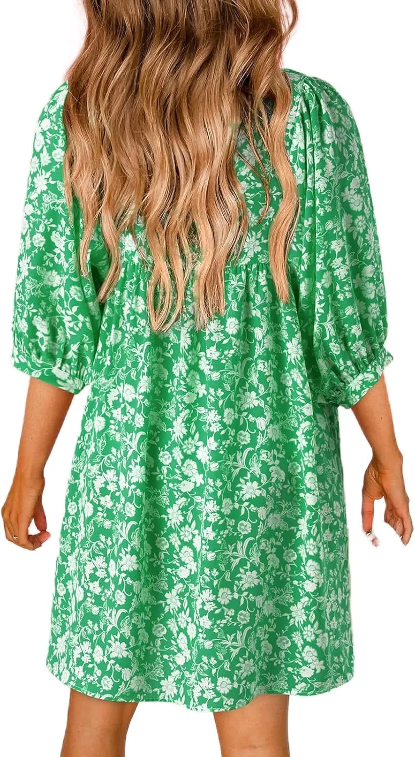 Womens Boho Dresses Summer Casual 3/4 Lantern Sleeve V Neck Babydoll Mini Dress Beach Vacation Shift Sundress