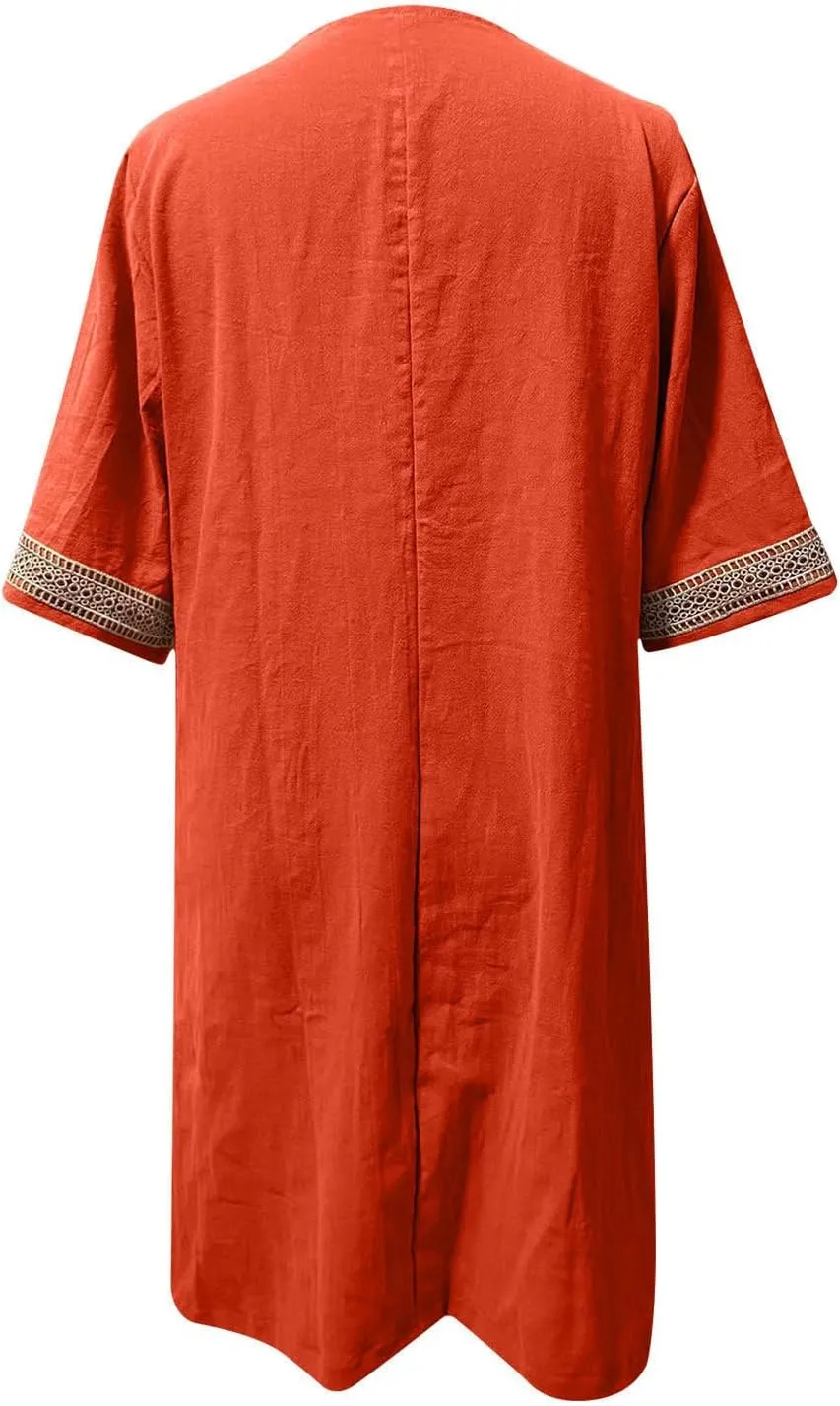 Women's Boho Tunic Dress V Neck 3/4 Sleeve Casual Loose Fit Summer Beach Dresses with Lace Trim Lightweight Sundress