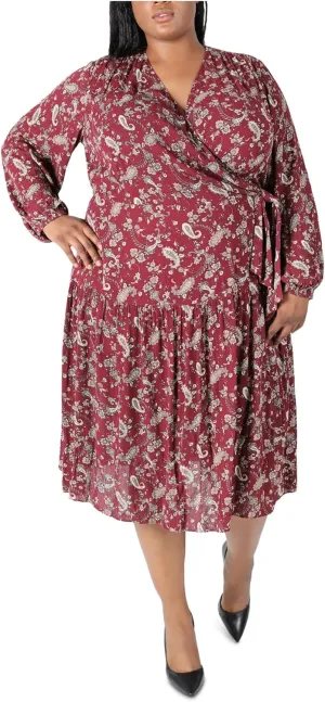 Womens Burgundy Tie Crinkle Paisley Balloon Sleeve Surplice Neckline Midi Party Faux Wrap Dress Plus 1X