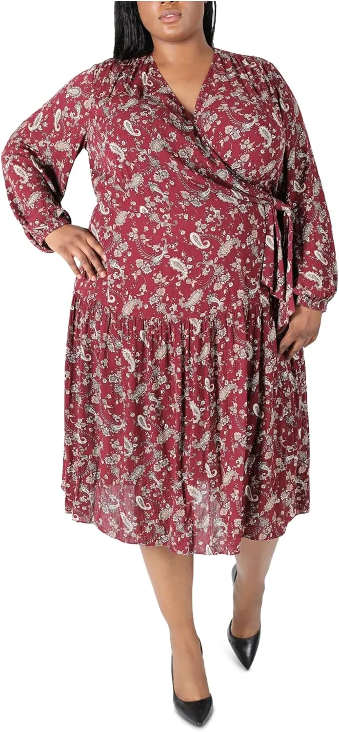 Womens Burgundy Tie Crinkle Paisley Balloon Sleeve Surplice Neckline Midi Party Faux Wrap Dress Plus 1X
