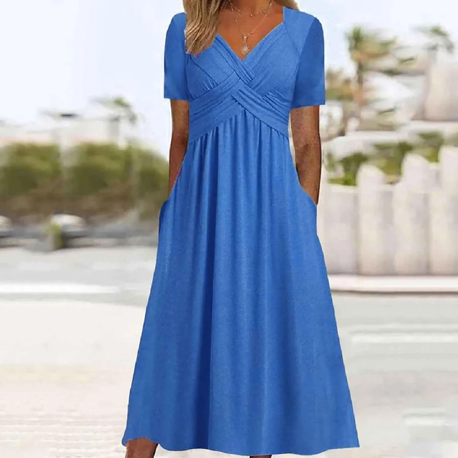 Womens Casual Dress for Summer Short Sleeve Pleated Dress Loose Flowy Beach Dress with Pockets Flare Midi Sundress