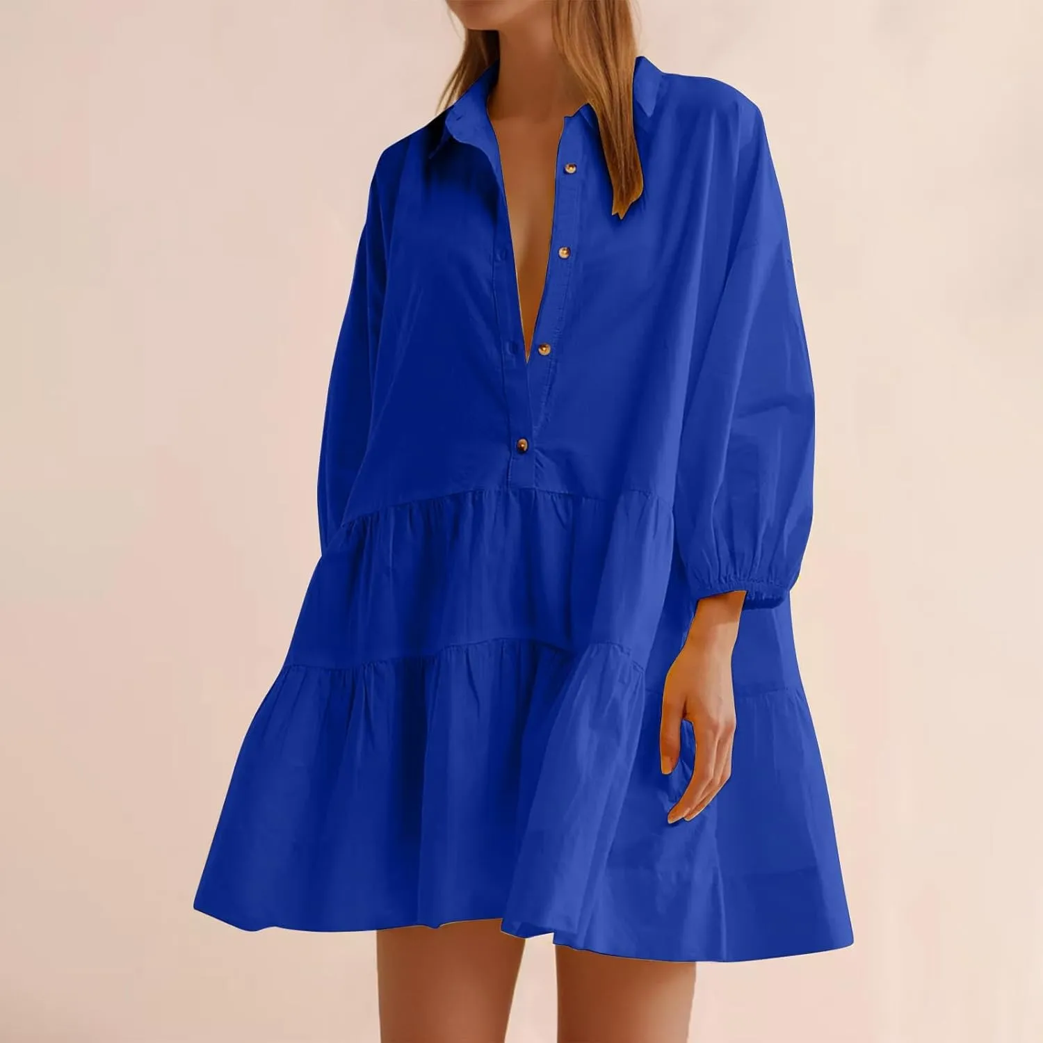 Women's Casual Dresses Long Sleeve Collared Button Down Shirt Dress Flowy Tiered Babydoll Mini Dress Fall Tunic Dress