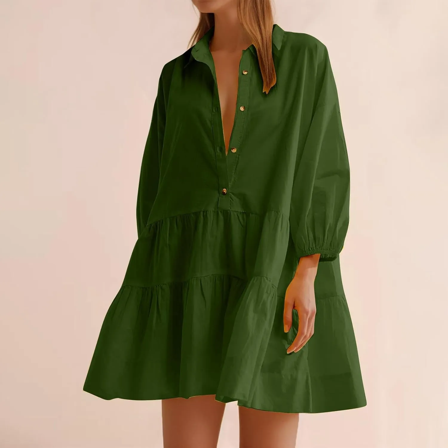 Women's Casual Dresses Long Sleeve Collared Button Down Shirt Dress Flowy Tiered Babydoll Mini Dress Fall Tunic Dress