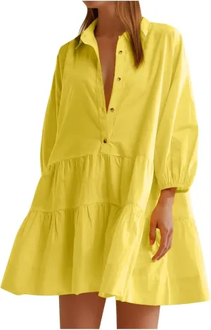 Women's Casual Dresses Long Sleeve Collared Button Down Shirt Dress Flowy Tiered Babydoll Mini Dress Fall Tunic Dress