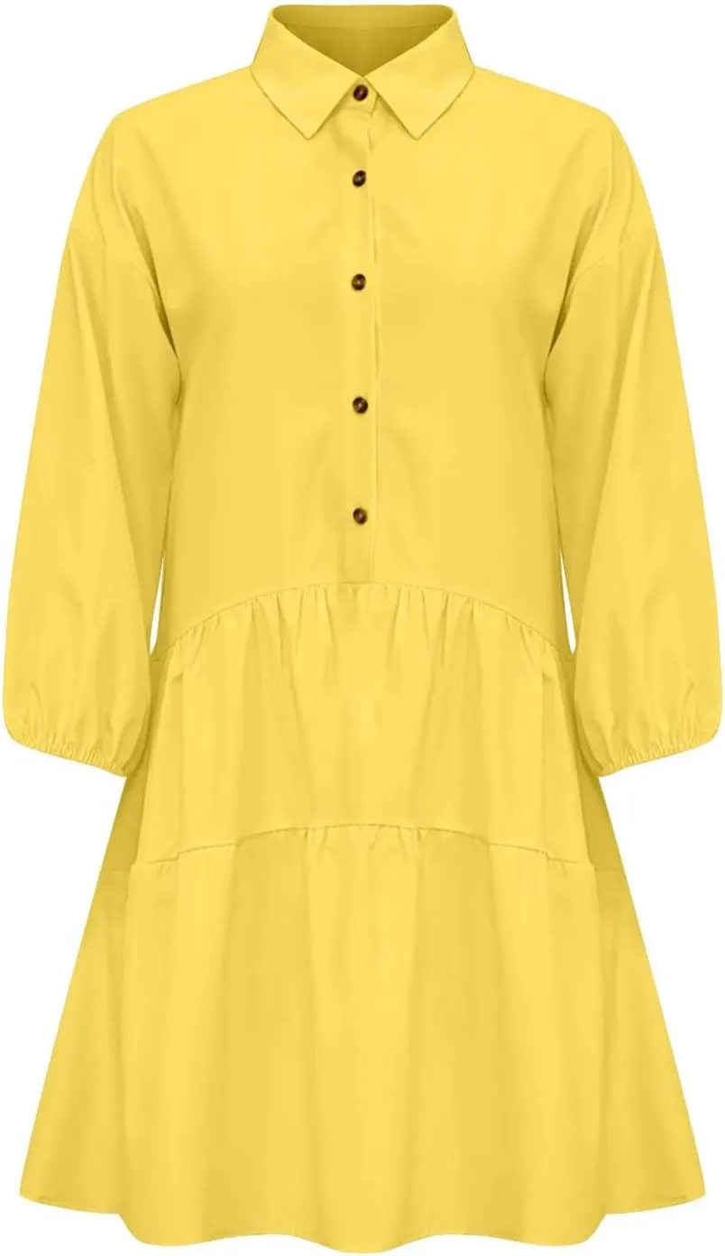 Women's Casual Dresses Long Sleeve Collared Button Down Shirt Dress Flowy Tiered Babydoll Mini Dress Fall Tunic Dress