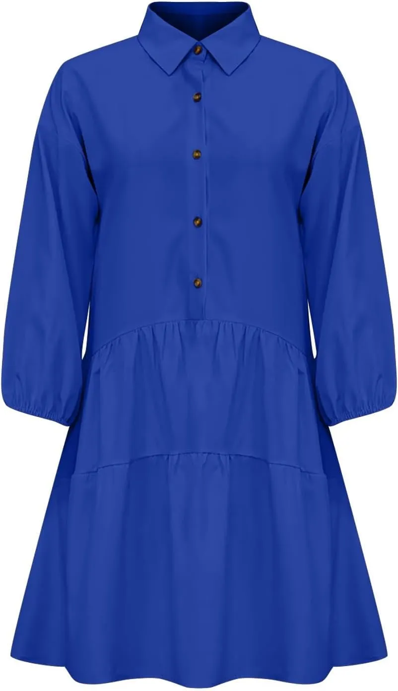 Women's Casual Dresses Long Sleeve Collared Button Down Shirt Dress Flowy Tiered Babydoll Mini Dress Fall Tunic Dress