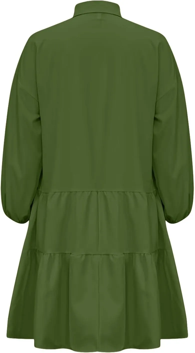 Women's Casual Dresses Long Sleeve Collared Button Down Shirt Dress Flowy Tiered Babydoll Mini Dress Fall Tunic Dress